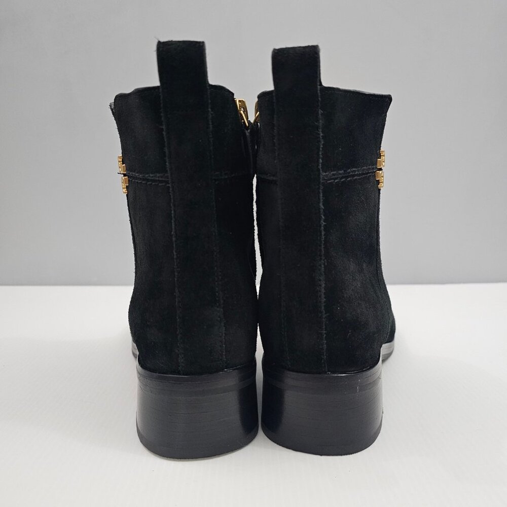 Tory Burch Everly Ankle Boot Womens 7.5 Black Suede Gold Logo Luxury Designer - Picture 8 of 16